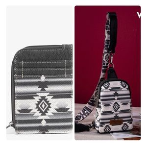 Wrangler Southwestern Print Canvas Sling Bag with matching wallet.